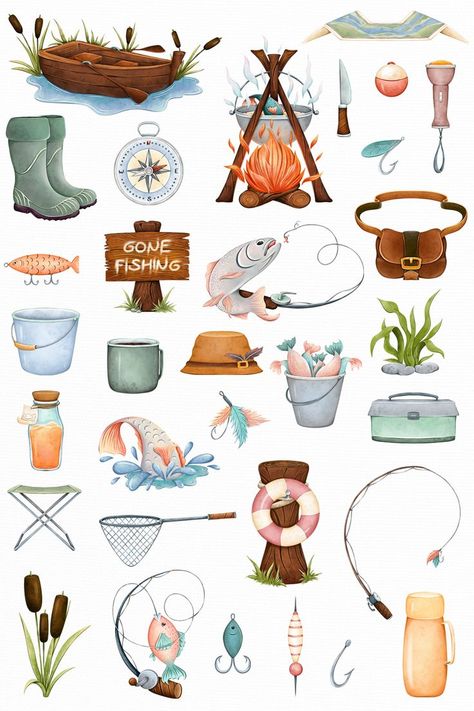 Camping Clip Art, Watercolor Fishing, Fishing Clipart, Fishing Png, Camping Clipart, Fish Clipart, Summer Clipart, Fish Illustration, Scrapbook Stickers Printable