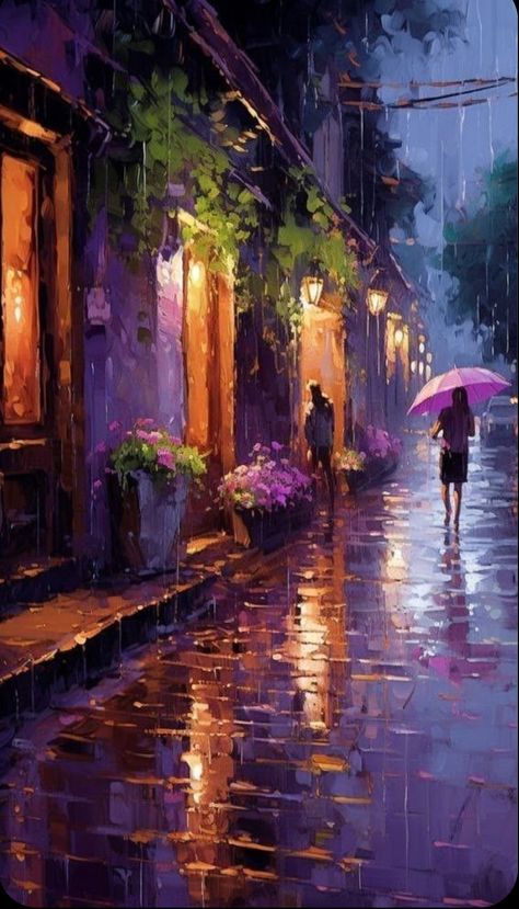 Rain City Painting, City In The Rain Painting, Night City Painting Acrylic, Walking In The Rain At Night, Rainy Acrylic Painting, Oil Pastel Cityscape, Rainy Street Painting, Rainy Landscape Paintings, Paintings Of Rain