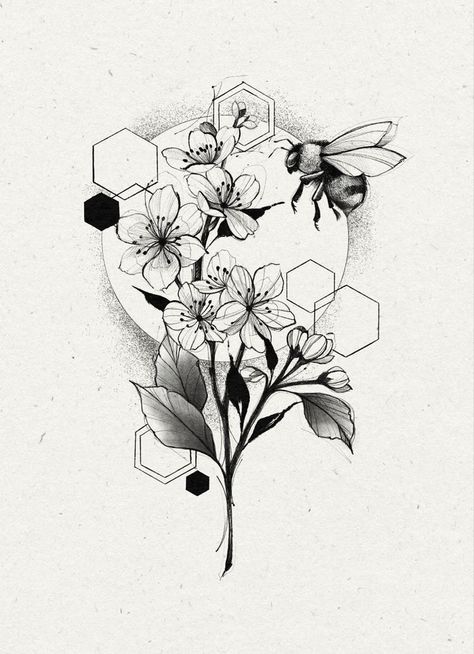 Green Thumb Tattoo Ideas, Half Flower Tattoo, Bee And Flower Tattoo, Honeycomb Tattoo, Bumble Bee Tattoo, Bee Drawing, Mom Tattoo, Sketch Tattoo Design, Floral Tattoo Design