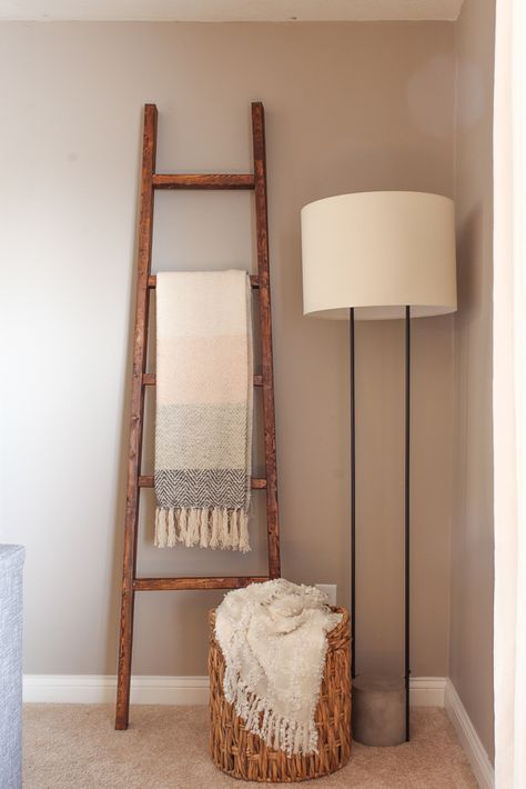 Setting up a cozy corner in my living room, along with blanket storage.  #fixerupperstyle #modernfarmhouse #blanketladder #westelm #homegoods Leaning Blanket Ladder, Blanket Storage Living Room, Living Room Corner Decor, Blanket Ladder Decor, Living Room Blanket, Magnolia Collection, Diy Blanket Ladder, Bedroom Corner, Living Room Corner