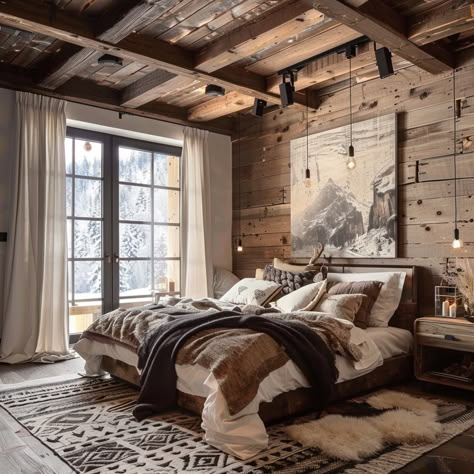 neutral-and-black-bedroom Cabin Style Home Decor, Black White Wood Bedroom, Black And Natural Wood Bedroom, Neutral Black Bedroom, Cozy Cabin Bedroom Ideas, Mountain Retreat Bedroom, Mountain Cabin Bedroom, Cabin Inspired Bedroom, Mountain Home Bedroom