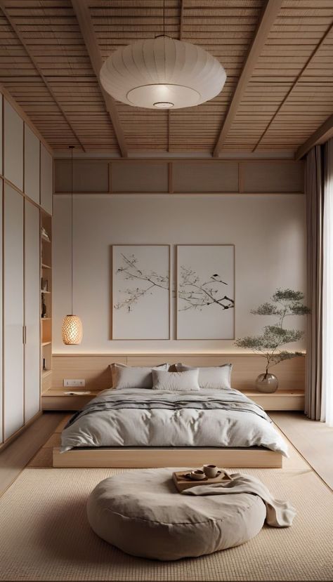 Neutral Tone Wood Floors, Simple Minimalist Interior Design, Minimalist Bedroom Japanese Style, Soft Interior Design Bedroom, Calming Bedroom Interior Design, Light Japanese Aesthetic, Japanese Bedroom Layout, Low Japanese Bed, Japan Aesthetic Bedroom Ideas