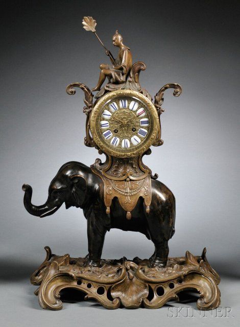 Bronze Elephant Clock | Sale Number 2605B, Lot Number 457 | Skinner Auctioneers Elephant Clock, Antique Wall Clocks, French Clock, Classic Clocks, Cool Clocks, Pendulum Clock, Vintage Elephant, Old Clocks, Mantel Clocks