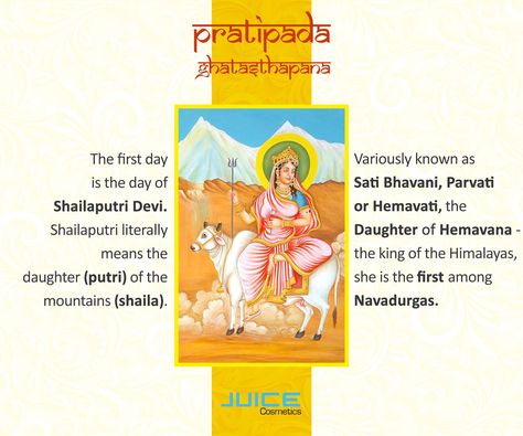 #DidYouKnow  The youngest of the 9 devis, we celebrate Day 1 of Navratri by worshipping Maa Shailputri, who is believed to govern the Moon.  #Day1 #9DaysOfNavratri #JuiceCosmetics Maa Shailputri, Hindu Goddesses, Hindu Vedas, Vedic Mantras, Festival Design, Worship, The Moon, Did You Know, Moon