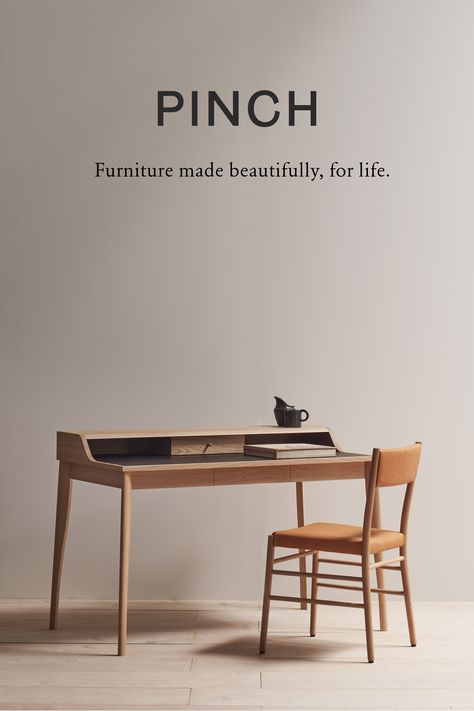 The Yves desk is an elegant and compact writing desk, with softly sculpted legs and a tiered top. It has an inlaid dark brown leather writing surface, two drawers and a cable access hole to each side at the rear of the desk. Home Office Desk Modern, Office Desk In Bedroom, Writing Desk Ideas, Study Desk Design, Japandi Desk, Minimalist Desk Design, Wooden Study Desk, Wood Desk Design, Office Desk Ideas