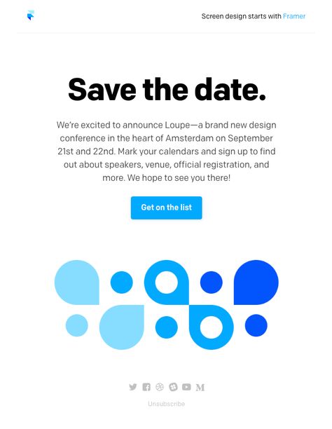 Announcing Loupe—a new design conference by Framer Email Save The Date, Email Invitation Design, Social Media Announcement, Design Conference, Email Examples, Email Template Design, Email Invitation, Email Design Inspiration, Conference Design