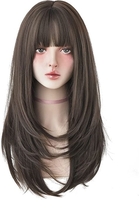 Full Bangs Long Hair, Dye Wig, Membentuk Alis, Pelo Anime, Painted Stools, Wigs Hair, Haircuts Straight Hair, Long Hair With Bangs, Brown Wig