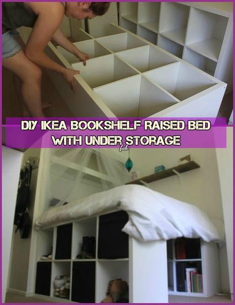 DIY IKEA Bookshelf Raised Bed With Under Storage - Video Diy Ikea Bookshelf, Ikea Storage Bed, Ikea Bookshelf, Ikea Loft Bed, Bookshelf Diy, Diy Storage Bed, Bookshelf Bed, Murphy Bed Ikea, Diy Loft Bed