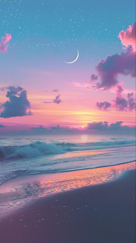 Immerse your phone in the tranquil beauty of a pastel sunset at the beach. This minimalist art style wallpaper features a colorful sky with a gentle crescent moon and twinkling stars, harmonizing with the soft lapping of beautiful waves. Crafted in high resolution to capture every serene detail, this aesthetic background is perfect for bringing a peaceful sunset vibe to your daily routine. #PastelBeach #MinimalistArt #SunsetWallpaper #AestheticBackground Peace And Tranquility Pictures, Dreamy Sunset Aesthetic, Sunset Aesthetic Pastel, Pfp Asthetic Picture, Serene Wallpaper Iphone, Pastel Sunset Wallpaper, Cute Sunset Wallpaper, Beautiful Backgrounds For Phones, Pastel Colour Wallpaper