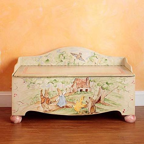 Painted Toy Chest, Painted Toy Boxes, Peter Rabbit Toys, Beatrix Potter Nursery, Peter Rabbit Nursery, Peter Rabbit And Friends, Wooden Toy Boxes, Rabbit Nursery, Bunny Toys