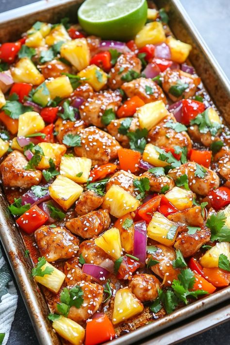 Hawaiian Chicken Sheet Pan is a delicious, all-in-one meal that brings the exotic tastes of Hawaii to your kitchen. Hawaiian Chicken Meal Prep, One Sheet Pan Chicken Fajitas, Sheet Pan Chicken Pineapple Peppers, Dinner One Pan Ideas, Hawaiian Chicken With Rice, Gawain Chicken Sheet Pan, Sheet Pan Bowls, Sweet Potato One Pan Dinner, Hawaiian Chicken Sheet Pan Meal