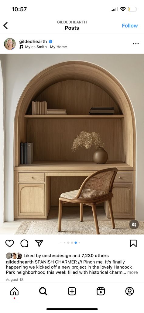 Arch Desk, Alcove Desk, Office Inspo, Built In Desk, Built Ins, Office Desk, Bookcase, Arch, Built In