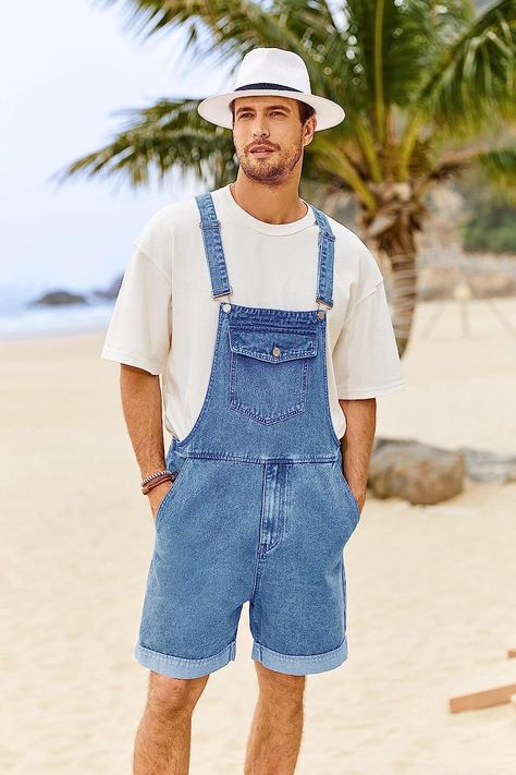 Made of high quality dungaree fabric, super soft, breathable and sweat-absorbent, keep you cool and relaxed all the time especially in hot summer. Sleeveless one piece bib overall with adjustable strap, comfortable relaxed fit. #men #denim #cotton #summer #bib #overall_shorts Short Dungarees Outfit Men, Dungarees Outfit Men, Men Overalls Outfits, Mens Overalls Outfits, Mens Overalls Shorts, Overalls Outfit Men, Rtw 2023, Relaxed Fit Men, Dungaree Outfit