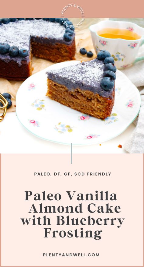 Paleo Birthday Cake Recipe, Paleo Birthday Desserts, Paleo Birthday Cake, Vanilla Almond Cake, Paleo Frosting, Blueberry Frosting, Dairy Free Frosting, Paleo Cake, Clean Dessert