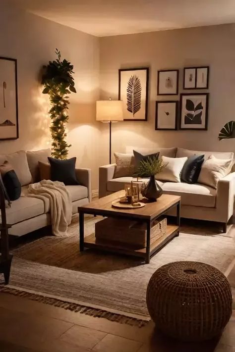 Modern Rustic Living Room Apartment, Dark Wood Theme Living Room, House Decor Living Room Cozy, Light Brown Couches Living Room Ideas, Light Apartment Living Room, Apartment Living Room Lighting Ideas, Homey Apartment Living Room Cozy, Small Living Room Ideas Cozy Rustic, Comfy House Interior