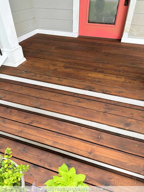 Cedar Front Porch, Cabot Australian Timber Oil, Coral Front Doors, Best Wood Stain, Cedar Stain, Front Door Steps, Front Porch Steps, Porch Wood, Floor Makeover