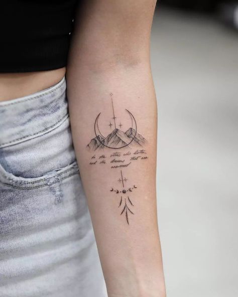 86 Stunning Mountain Tattoos For Both Men and Women In 2024 Back Of Arm Nature Tattoo, Dainty Mountain Tattoos For Women, Road Trip Tattoo Ideas, Fun Tattoos For Women, Hiking Tattoos For Women, Wander Tattoo, Nepal Tattoo, Wildflower Tattoos, Small Nature Tattoo