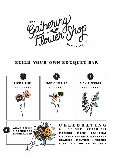 "The Gathering Flower Shop" Mothers Day Pop-Up Flower Shop design; The Gathering Church Flower Shop Marketing, Flower Shop Inspiration, Flower Shop Signage, Flower Shop Branding Design, Flower Business Ideas, Flower Shop Layout, Flower Business Names, Flower Infographic, Flower Pop Up Shop