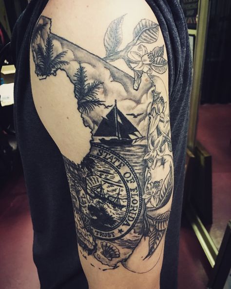 Gulf Coast Tattoo Ideas, Highway Tattoo Ideas, State Of Florida Tattoo Ideas For Men, Old Florida Tattoo, Florida Themed Tattoos, Florida Related Tattoos, Florida Flag Tattoo, Vintage Florida Tattoo, Florida Tattoo Ideas For Men