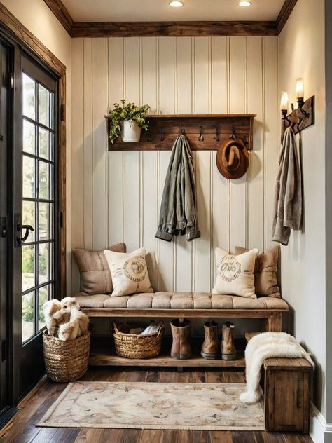 Host Memorable Gatherings: Prepare Your Outdoor Space with Ambient Lighting and Comfortable Seating Arrangements | Homedes.co Vstupná Hala, Mudroom Decor, Hal Decor, Mudroom Design, Home Entrance Decor, House Entrance, Boho Bedroom, Cabin Decor, House Inspo