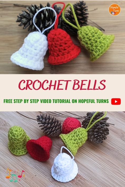 Learn how to make these super simple and quick crocheted Christmas ornaments! You can use crochet bells to decorate your Christmas tree or just make it into a garland or crochet bunting. The bell can be crocheted with any yarn or thread. The size will depend on the yarn and hook used. These are super simple and quick to whip up and are a great use for small scraps of yarn. Even beginners in crochet can try this very easy Crochet Christmas decoration. Enjoy and Happy Holidays to everyone!! Crochet Christmas Snow Globes, Crocheted Christmas Bells, Crochet Bells Christmas, Crocheted Bells Free Patterns, Crochet With Wooden Beads, Easy Crochet Christmas Projects, Crochet Christmas Ornaments Tutorial, Small Crochet Ornaments, Crochet Mini Ornaments