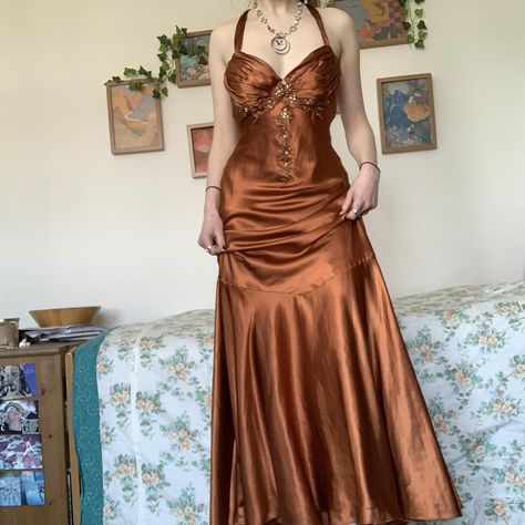 •unreal orange embellished & beaded floral 90s... - Depop Orange Fairy Dress, Hippie Prom Dress, 70s Prom Dress, Satin Long Prom Dress, Prom Dress Vintage, 90s Prom Dress, Prom Dress Mermaid, 90s Prom, Prom Dress Inspiration