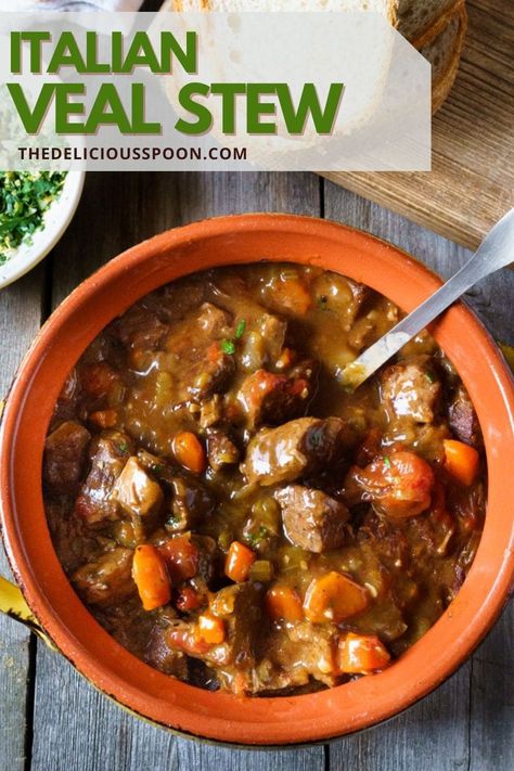 A hearty, class classic Italian veal stew recipe topped with zesty fresh gremolata. Serve this rustic veal stew recipe over a bed of polenta! #vealstew #vealrecipes #vealstewrecipes #veal #dutchovenrecipes #dutchovenstewrecipes #dutchovenstews #stewrecipes #Italianrecipes Veal Italian Recipes, Italian Pork Stew Recipes, Veal Recipes Healthy, Veal Stew Recipes Slow Cooker, Veal Stew Meat Recipes, Veal Shank Recipes, Veal Stew Recipes, Meat Stew Recipes, Veal Chops