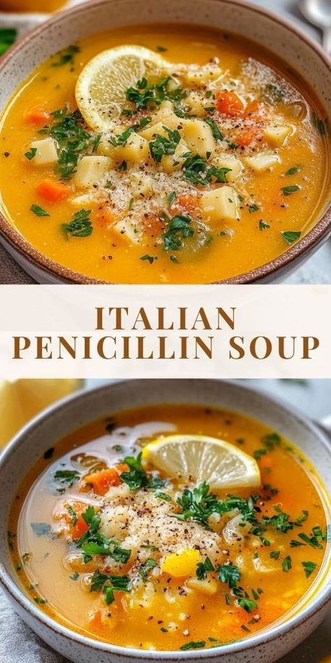 🍲 Warm your soul with Italian Penicillin Soup – a healing blend of tender chicken, fresh herbs, garlic, and hearty vegetables. 💚 Perfect for cold days or when you need a cozy, immune-boosting meal! This comforting classic is the Italian answer to chicken soup, delivering flavor and nourishment in every spoonful. 🥖✨ #ItalianSoup #ComfortFood #HealthyRecipes #SoupSeason #ImmuneBoosting Immune Booster Soup, Soup To Make You Feel Better, Immune System Soup, Feed A Cold Recipes, Soups For Immune System, Broth Soups For Liquid Diet, Immune Boosting Foods When Sick, Best Soups To Eat When Sick, Immune Support Soup