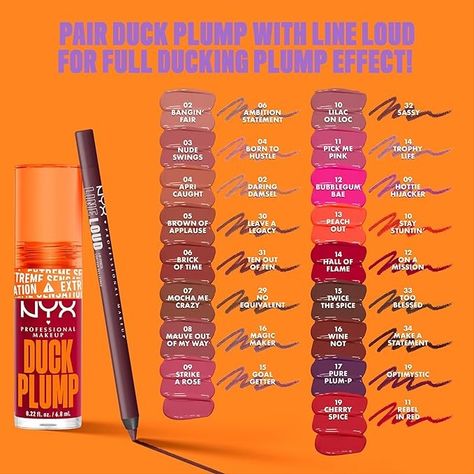 Caution! Caution! May cause duck lips! Get instant and overtime plumping for the ultimate injectionless pout with duck plump extreme sensation plumping gloss! No need for multiple layers! Get extreme high shine and high pigment payoff in an easy swipe. Maximum intense color with minimum effort. Nyx Plumping Lipgloss, Duck Plump Lip Gloss, Nyx Duck Plump, Duck Plump, Duck Lips, Spiced Wine, Lip Tints, Nyx Lip, Makeup Free