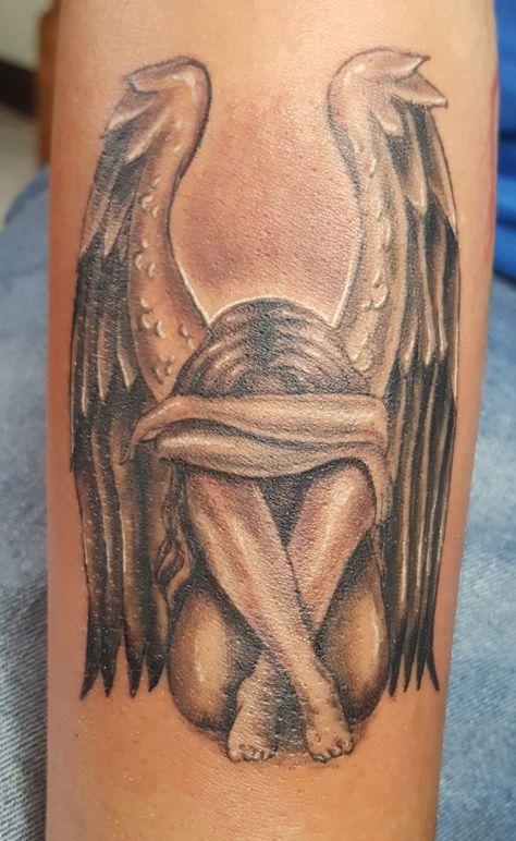 Angel Tattoo For Lost Ones, Heaven Can Wait Tattoo, Weeping Angel Tattoo Doctor Who, Wing Ridden Angel Tattoo, Crying Angel Tat, Angel Tattoo Ideas For Women, Dainty Angel Tattoo, Gardian Angel Tattoo, Weeping Angel Tattoo