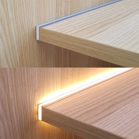 Shelf Lighting Ideas, Closet Led Lighting, Led Strip Ceiling, Led Strip Lighting Ideas, Led Shelf Lighting, Under Cabinet Shelf, Layer Shelf, Shelf Light, Led Light Design