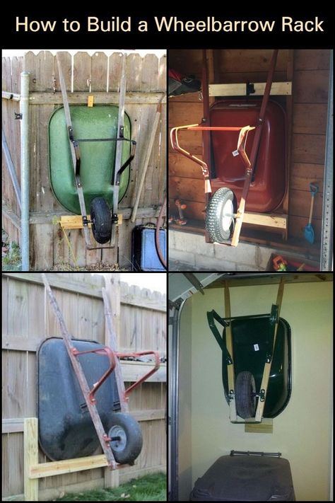 Diy Wheelbarrow, Wheelbarrow Storage, Garage Workshop Layout, Diy Garage Storage Cabinets, How To Build Steps, Shed Organization, Garage Style, Garage Organization Diy, Garage Tool Storage