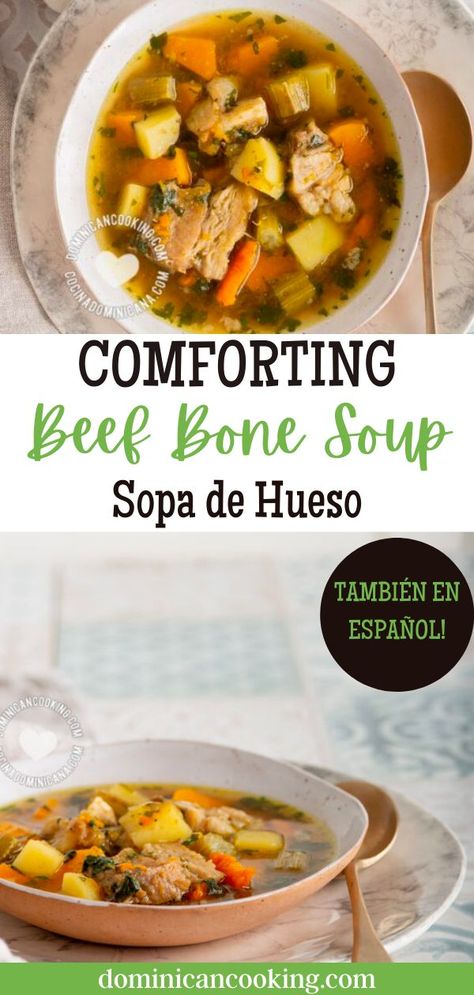 There's nothing like a big pot of beef bone soup to warm your soul on a cold winter day. Warm up this winter with a big pot of comforting beef bone soup. Loaded with veggies, herbs, and tender chunks of beef, this sopa de hueso is the perfect meal to chase away the chill. Plus, it's so easy to make! Beef Stew With Soup Bones, Recipes With Beef Soup Bones, Beef Bone Stew, Beef Bone Soup, Beef Soup Bones, Bone Soup, Crockpot Stew, Breakfast Soup, Recipe Beef