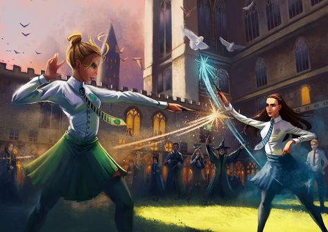 Magical School Art, Harry Potter Duel, Magic Academy Fantasy Art, Magic Academy Concept Art, Magic Classroom Concept Art, Wizard School Concept Art, Dnd Strixhaven, Magic College, Defensive Magic