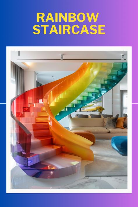 Elevate your home decor with these eye-catching rainbow staircases! 🌈✨ Brighten up your space and add a touch of whimsy to your daily ascent. #RainbowStaircases #ColorfulLiving #HomeInspiration #InteriorDesign #BrightDecor Rainbow House Interiors, Rainbow Stairs, Beautiful Staircases, Rainbow House, Subtle Ombre, Bright Decor, Floating Staircase, Painted Stairs, Dead Space