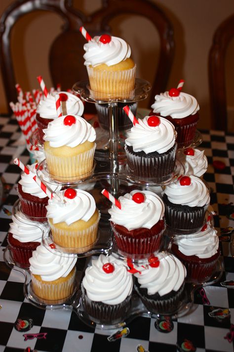 50s Theme Cupcakes, Grease Themed Party Food, 50s Graduation Party, 50s Diner Party Decorations, 50s Birthday Party Theme For Men, 50s First Birthday Party, Rockabilly Birthday Party Theme, 1950s Party Theme, Diner Themed Birthday Party