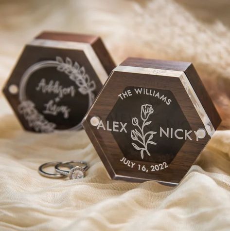 Hexagon Wedding Ring, Modern Wedding Ring, Wedding Ring Bearer Boxes, Personalized Ring Box, Modern Wedding Rings, Hexagon Ring, Wedding Ring Bearer, Engraved Wedding Rings, Wood Ring Box