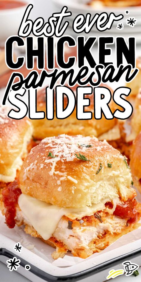 Savor the perfect bite-sized package of crispy chicken, zesty marinara sauce, and melted cheese with chicken parmesan sliders, an ideal treat for any occasion. Cheesy Marinara Chicken Sliders, Chicken Parm Sliders Recipes, Garlic Parmesan Chicken Sliders On Hawaiian Rolls, Parmesan Garlic Chicken Sliders, Easy Chicken Parm Sliders, Chicken Park Sandwich, Shredded Chicken Parm Sliders, Chicken Parmigiana Sliders, Slider Buffet Ideas