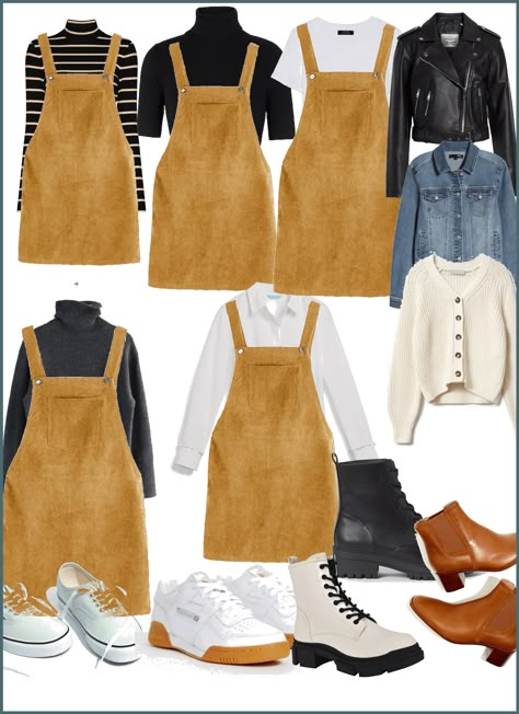 Corduroy Pinafore Dress Outfit, Beige Pinafore Dress Outfit, Brown Jumper Dress Outfit, How To Style Pinafore Dress, Brown Pinafore Dress Outfit, Dungarees Outfit Dresses, Skirt Dungarees Outfit, Dungaree Skirt Outfit, Dungarees Outfit Women