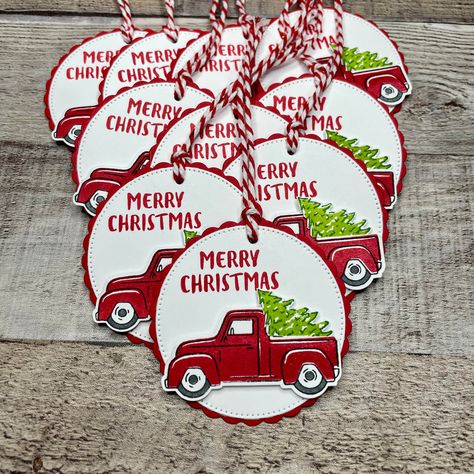 "These classic little red truck gift tags are perfect for your Christmas packages!  They would make fantastic treat bag tags, or use them as your own handmade greeting card embellishments!  Attach them to a wine bottle to spread some Christmas cheer! * Set of 10 handmade tags * Tags measure 3\"  * Images copyright Stampin Up! * Tags come packaged in a cello bag These tags were completely handmade by me in my small NC studio, using top shelf supplies, my own two hands, and lots of love!" Paper Gift Tags Diy, Stampin Up Gift Tags Ideas, Stamped Christmas Tags, Su Christmas Gift Tags, Su Christmas Tags, Stampin Up Tags Christmas, Christmas Gift Tags Stampin Up Ideas, Stampin Up Christmas Gift Tags 2023, Stampin Up Tags Ideas