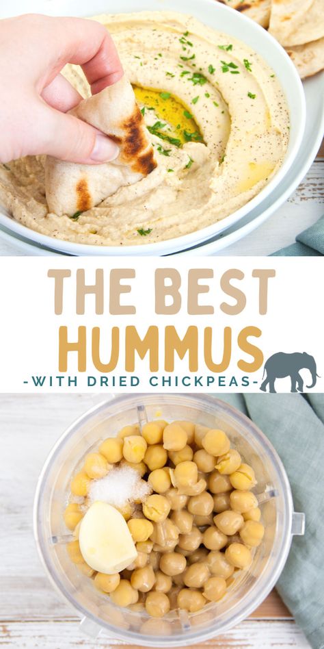 This is the best Hummus made with dried chickpeas! It's super creamy and fluffy. Serve it with crackers, flatbread, or on bread! | ElephantasticVegan.com #hummus #vegan #chickpeas Hummus With Dried Chickpeas, Hummus From Dry Chickpeas, Hummus Recipe With Dried Chickpeas, Hummus Recipe Dried Chickpeas, Chickpea Dip Recipes, Hummus Dried Chickpeas, Dried Chickpea Recipes, Plain Hummus Recipe, Hummus From Dried Chickpeas