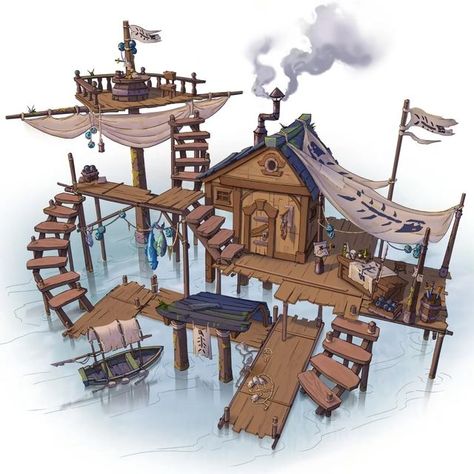 Fisherman Village Concept, Fishing House Concept Art, Pirate Environment Concept Art, Pirate Building Concept Art, Pirate Village Concept Art, Fishing Hut Concept Art, Pirate Island Concept Art, Fishing Village Concept Art, Pirate Ship House