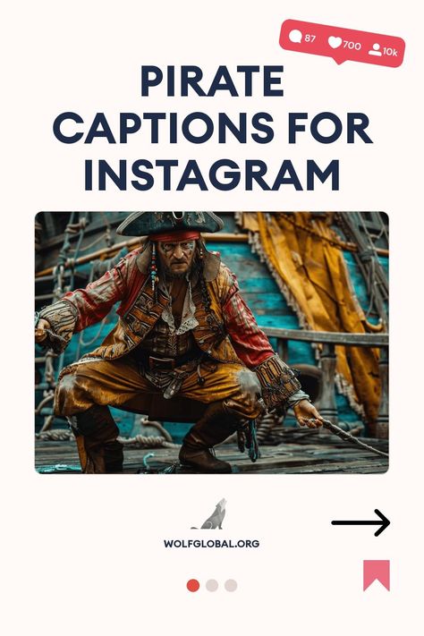 An intense pirate crouching on a ship deck with Instagram engagement icons and text overlay.
A list of pirate-themed phrases with checkmarks and cute icons, for a social post.
Advertisement featuring a joyful woman with a laptop promoting a free Instagram engagement service from WolfGlobal.org. Pirate Captions Instagram, Pirate Instagram Captions, Pirate Captions, Pirate Quotes, Halloween Captions, Walk The Plank, Pirate Halloween Costumes, Walking The Plank, Pirate Halloween