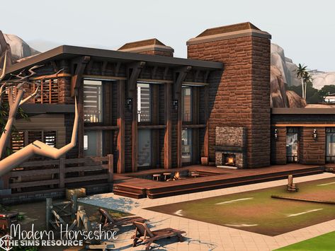 Sims 4 Modern Ranch House, Sims 4 Household Download, Sims 4 Ranch Style House, Sims 4 Houses Cc, Modern Ranch House Exterior, Sims 4 Family House, House Sims 4, Sims 4 Modern House, Sims 4 Cottage