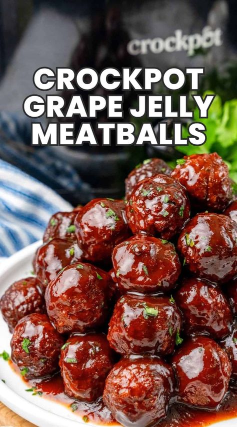 Quick and easy Crockpot Grape Jelly Meatballs recipe with just 3 ingredients. Perfect for parties and family meals. Loved by all ages! Slow Cooker Meatballs Grape Jelly, Crockpot Grape Jelly Meatballs, Meatballs Grape Jelly, Party Food Meatballs, Bbq Meatballs Crockpot, Jelly Meatball Recipe, Grape Jelly Meatballs Recipe, Jelly Meatballs, Grape Jelly Meatballs