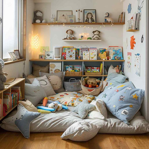 27 Playful Retreats: Providing Safe Havens for Children’s Playtime Cozy Toddler Room, Play Space In Living Room, Kids Corner In Living Room, Room For Two Boys, Toddler Room Design, Colourful Playroom, Baby Play Area, Toddler Bedroom Playroom, Playroom Toddler