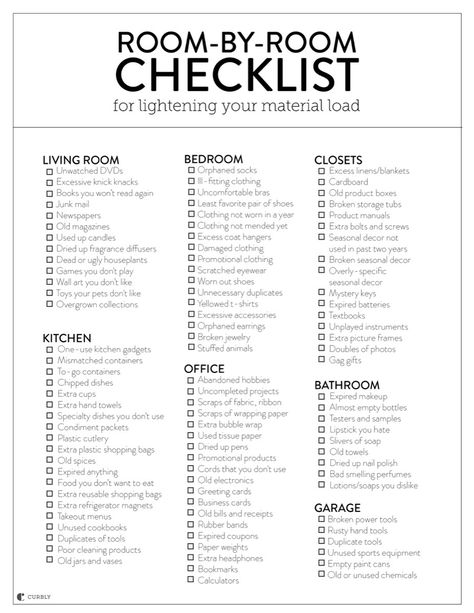 It's time to lighten the load in your home! Here's a room-by-room guide for thinning out your material possessions (plus printable checklist)! #[ Moving Tips, Cer Nocturn, Room Checklist, House Cleaning Checklist, Genius Ideas, Vie Motivation, Printable Checklist, Declutter Your Home, Simple Life Hacks