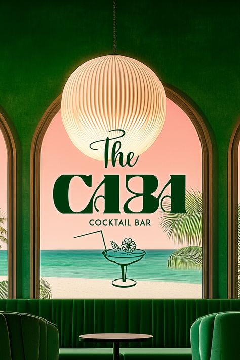 Step into The Caba Cocktail Bar, where tropical vibes meet vintage elegance in a branding experience crafted by Fivestar Branding. The lush green and sunset pink palette transports you to a luxurious paradise, while the retro-inspired logo adds a touch of classic charm. Sip, relax, and let The Caba take you on a journey. #CocktailBarBranding #RestaurantBranding #LogoDesign #Typography #IdentityDesign #BarDesign #TypeBasedLogo Tropical Brand Identity, Retro Tropical Aesthetic, Pink Green Branding, Tropical Bar Design, Tropical Bars, Vintage Luxury Aesthetic, Retro Branding Design, Tropical Typography, Cocktail Branding