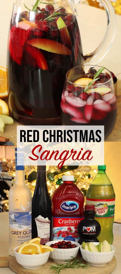 Red Christmas sangria is a festive twist on a red wine sangria with vodka, cranberry and pomegranate. This makes a perfect holiday cocktail! Christmas Cranberry Vodka Slush, Nonalcoholic Christmas Sangria, Ruby Red Vodka Drinks Recipe, Cranberry Sangria Thanksgiving, Christmas Drinks Pitcher, Sangria Christmas Tree, Adult Christmas Punch Alcohol, Sangria Recipes With Vodka, Red Christmas Sangria