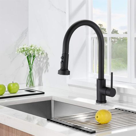 The streamlined and elegant Kitchen Faucet With Pull Down Sprayer features a distinctively modern design with universal appeal. Kitchen Faucet Design, High Arc Kitchen Faucet, Stainless Steel Kitchen Faucet, Best Kitchen Sinks, Modern Basin, Pull Down Kitchen Faucet, Kitchen Faucet With Sprayer, Stainless Sink, Black Faucet